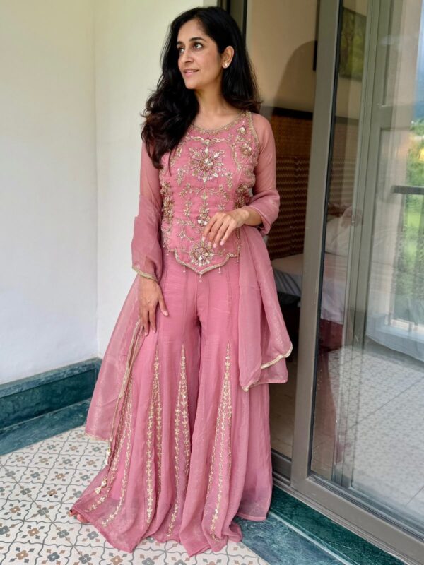 “Rose Blush Embroidered Sharara Suit Set”