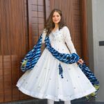 White Floral Anarkali Suit Set with Designer Blue Dupatta