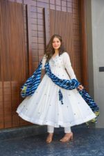 White Floral Anarkali Suit Set with Designer Blue Dupatta