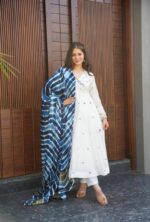 White Floral Anarkali Suit Set with Designer Blue Dupatta - Image 2