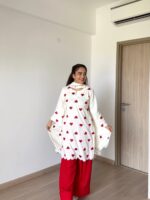 Women White & Red Heart Embroidered Pure Creps Salwar Suit Set