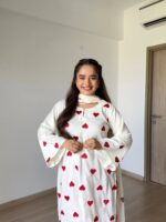 Women White & Red Heart Embroidered Pure Creps Salwar Suit Set - Image 2