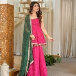 Pink Floral Print Sharara Set with Green Dupatta
