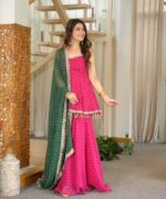 Pink Floral Print Sharara Set with Green Dupatta
