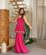 Pink Floral Print Sharara Set with Green Dupatta - Image 2