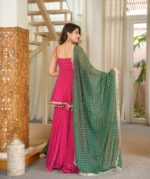 Pink Floral Print Sharara Set with Green Dupatta - Image 4