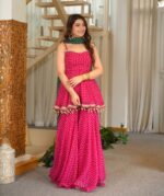 Pink Floral Print Sharara Set with Green Dupatta - Image 3