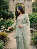 Zareen Sage Green Embroidered Kurta Set for Women with Dupatta - Image 2