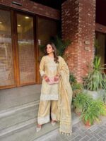 Elegant Ivory Gold Embroidered Party Wear Salwar Suit - Image 3