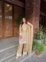 Elegant Ivory Gold Embroidered Party Wear Salwar Suit - Image 2