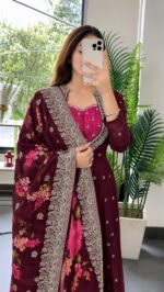Maroon Floral Printed Anarkali Suit with Embroidered Dupatta